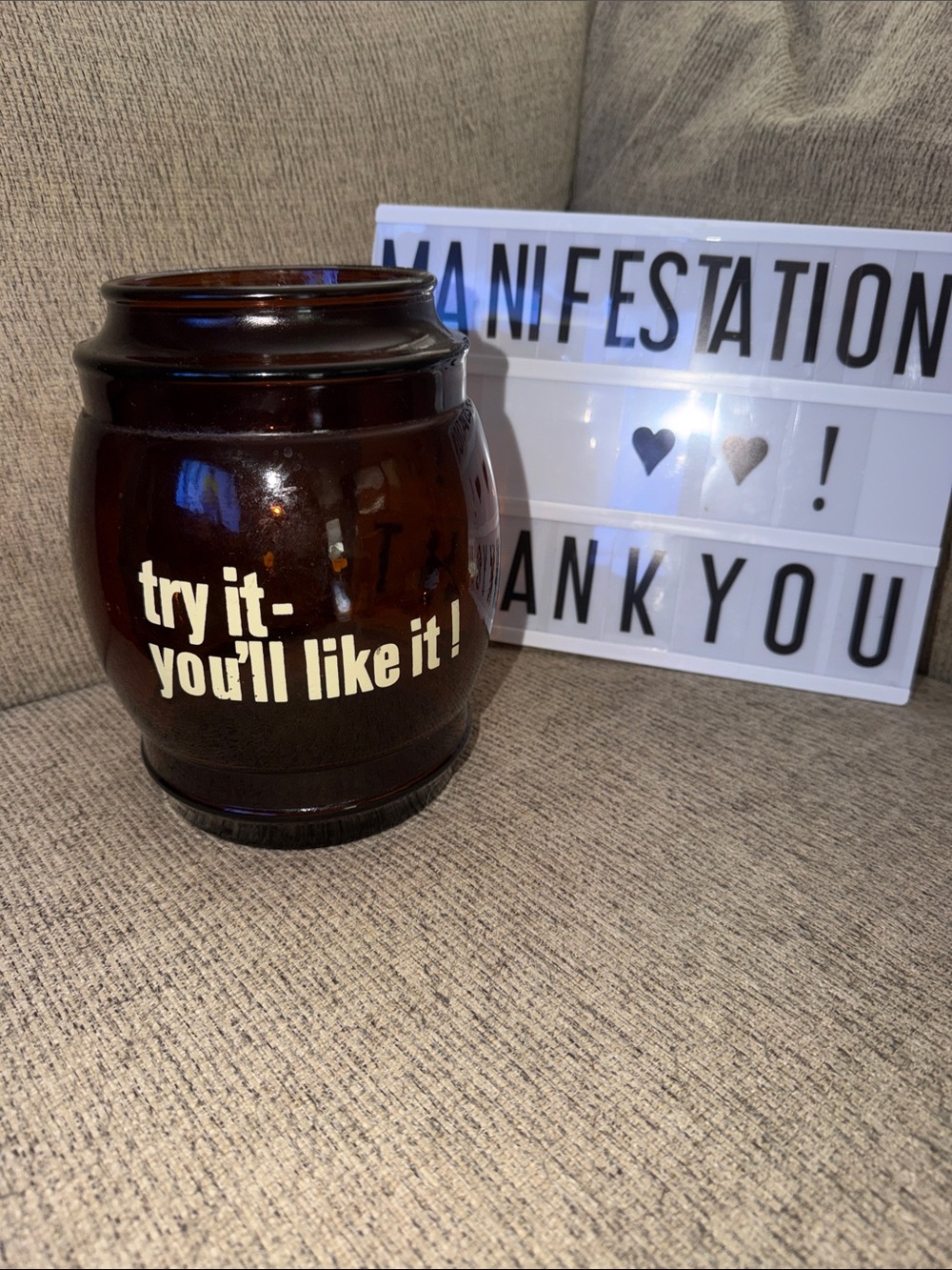 Vintage Siesta Ware Brown Glass Barrel Jar  - "try it - you'll like it!"